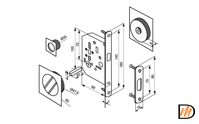 Комплект для раздвижных дверей MHS-2 WC SC с замком, цвет мат.хром, ЦАМ
