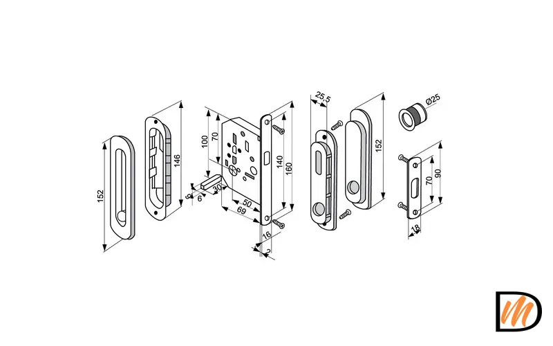 Комплект ручек для раздвижных дверей MHS150 WC SC с замком, цвет мат.хром, ЦАМ