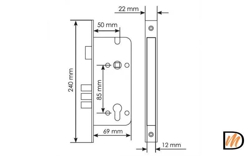 Замок межкомнатный L03 PG под цилиндр с тремя ригелями, цвет золото