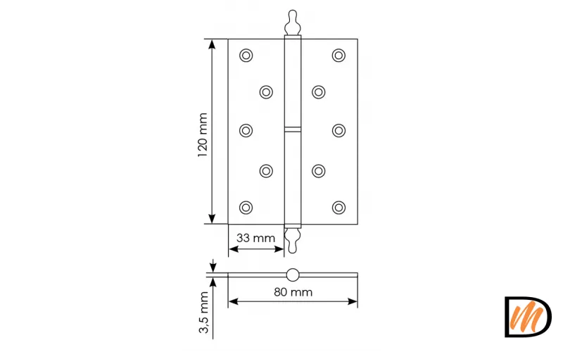 Петля карточная разъемная латунная MB 120X80X3.5 AB R C с коронкой правая, верзная, цвет античная бронза