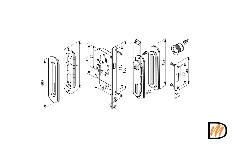 Комплект ручек для раздвижных дверей MHS150 L SC с замком, цвет мат.хром, ЦАМ