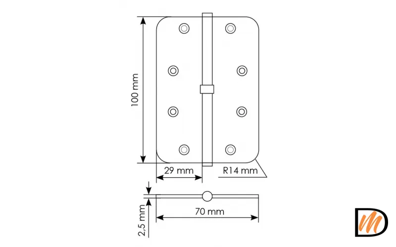 Петля разъемная MSD-C 100X70X2.5 SN R правая без коронки скругленная, врезная, цвет бел.никель, сталь