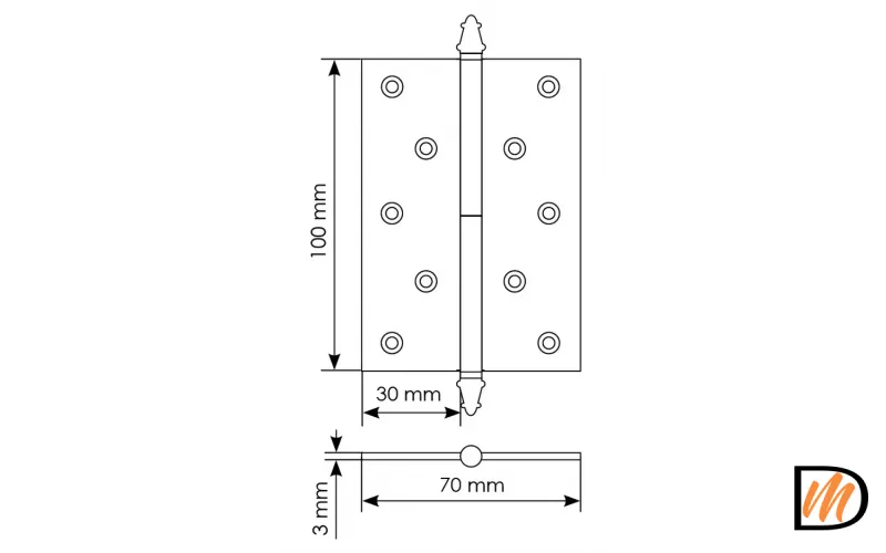 Петля разъемная латунная карточная MB 100X70X3 SG R C с коронкой правая, врезная цвет матовое золото