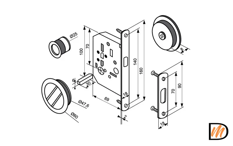 Комплект ручек для раздвижных дверей MHS-1 WC AB с замком, цвет бронза, ЦАМ