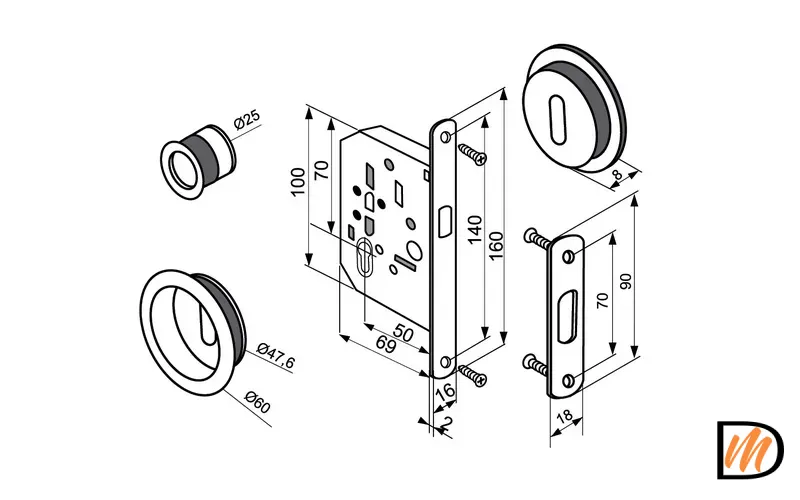 Комплект ручек для раздвижных дверей MHS-1 L AB с замком, цвет античная бронза, ЦАМ