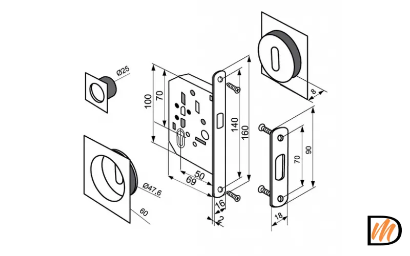 Комплект ручек для раздвижных дверей MHS-2 L AB с замком, цвет античная бронза, ЦАМ
