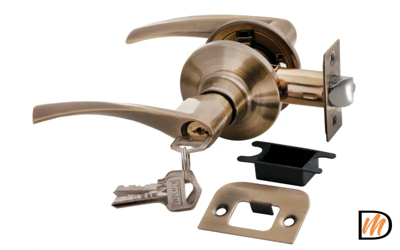 HK-02 L AB, ручка нажимная, комплект с механизмом ключ-фиксатор, цвет - античная бронза