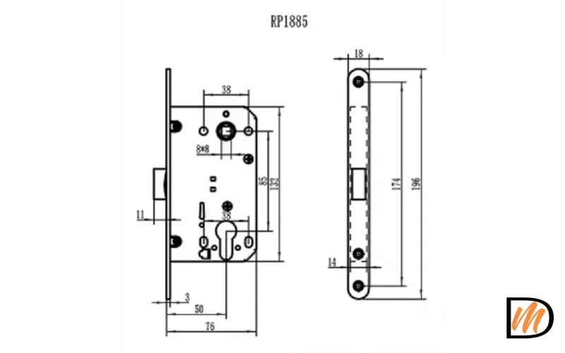 RP1885 SN, защелка бесшумная под цилиндр, цвет - бел. никель